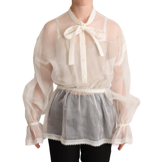 White Ascot Collar Long Sleeves Blouse Top