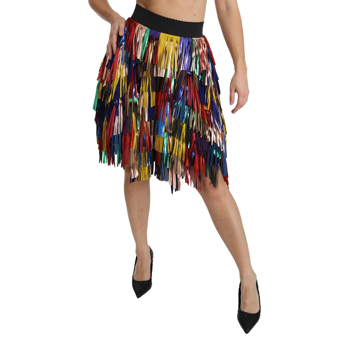 Red Yellow High Waist Knee Length Leather Skirt