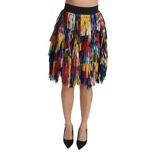 Red Yellow High Waist Knee Length Leather Skirt
