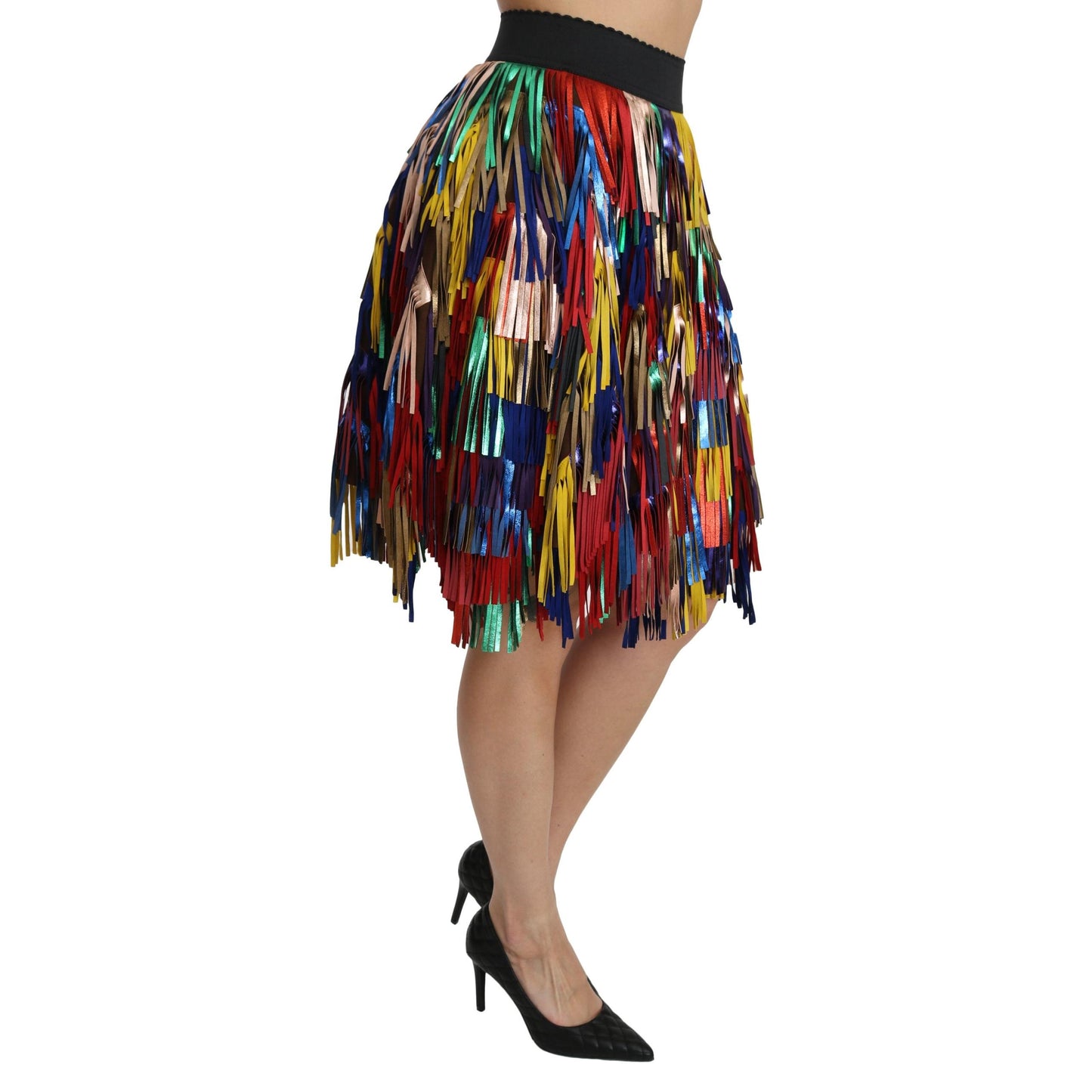 Red Yellow High Waist Knee Length Leather Skirt