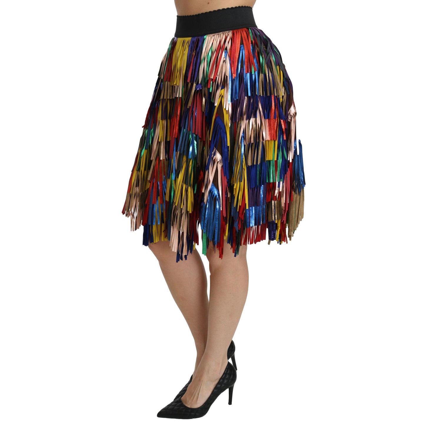 Red Yellow High Waist Knee Length Leather Skirt