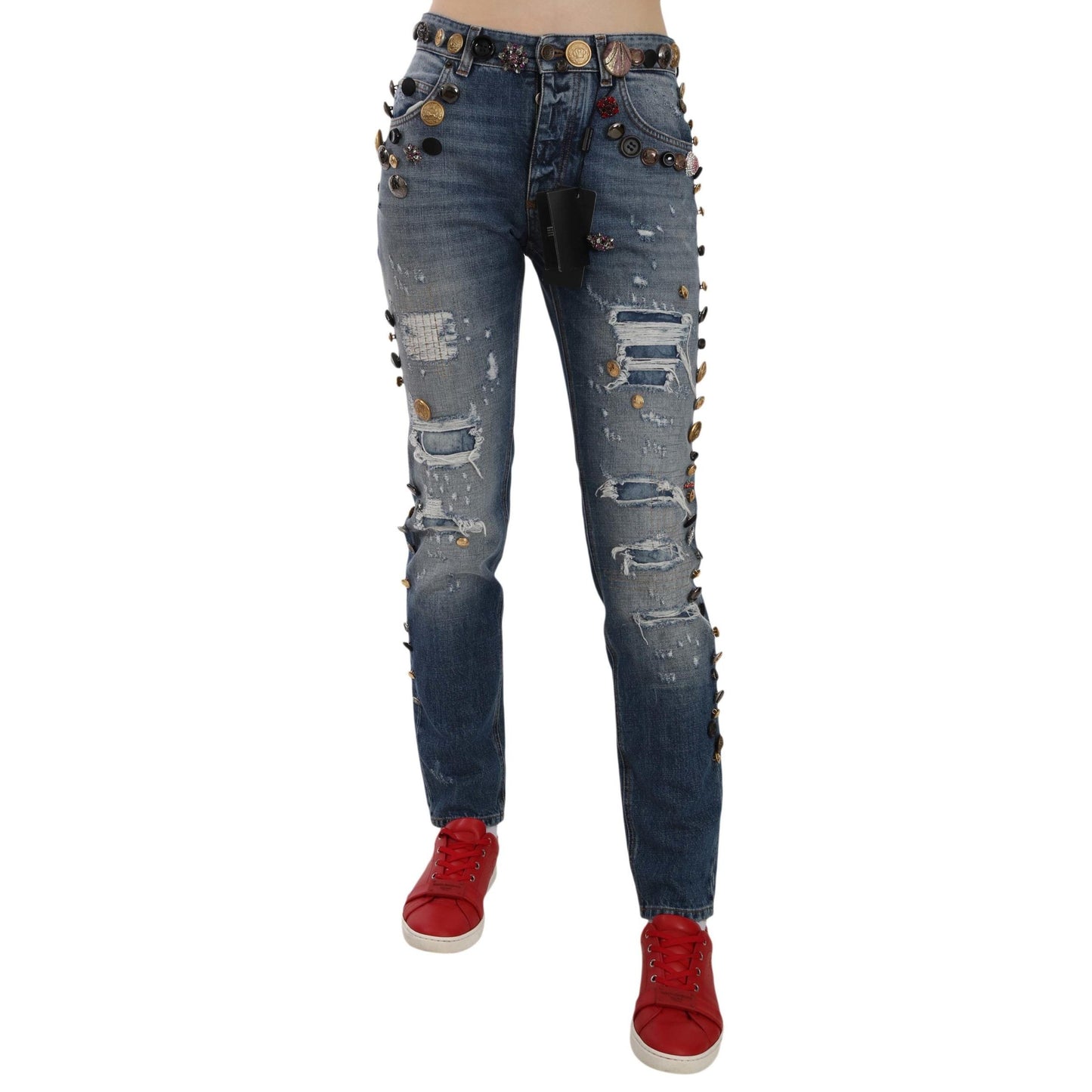 Distressed Embellished Buttons Denim Pants Jeans - coffeewithmee2