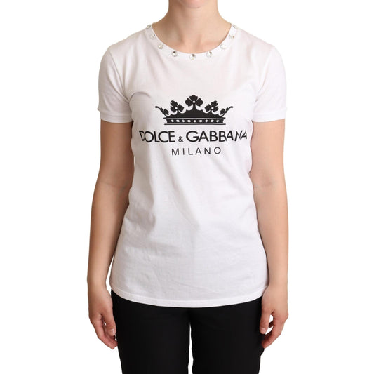 White Logo Print Embellished Top  T-shirt