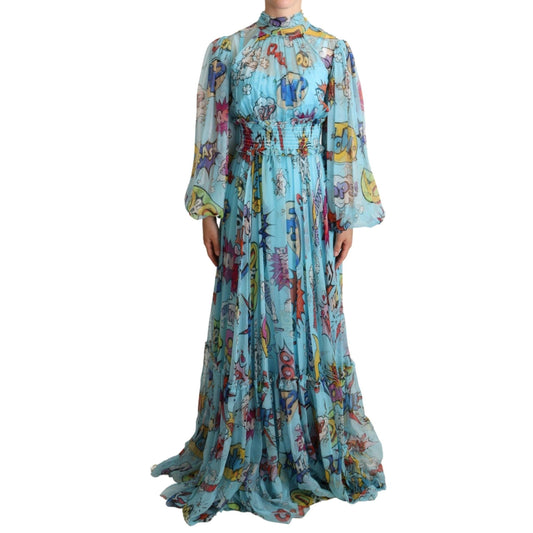 Blue Cartoon Print Pleated Silk Maxi Dress