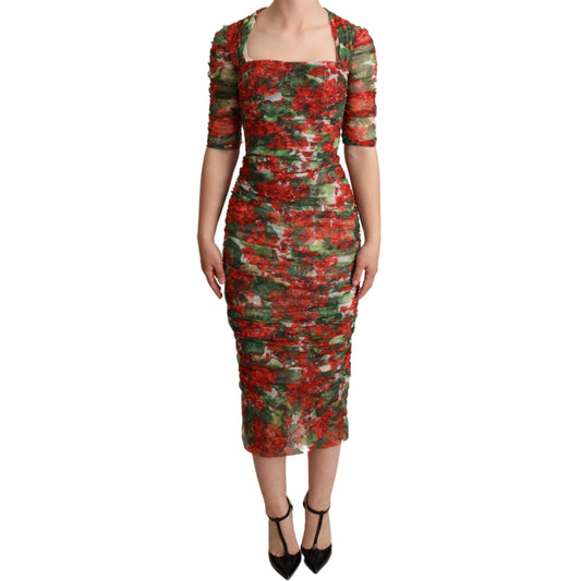 Red Floral Print Tulle Sheath Midi Dress
