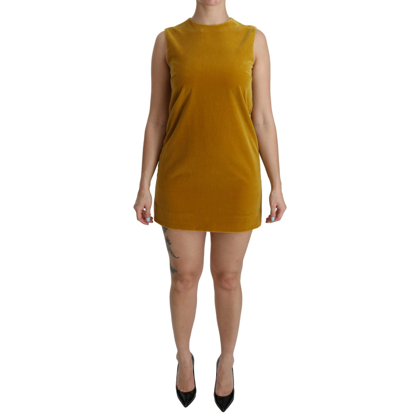 Mustard Velvet Stretch Shift Mini Dress