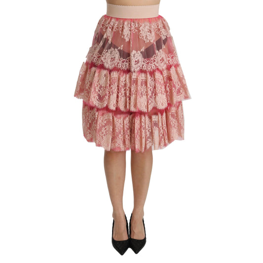 Pink Lace Layered High Waist Knee Length Skirt