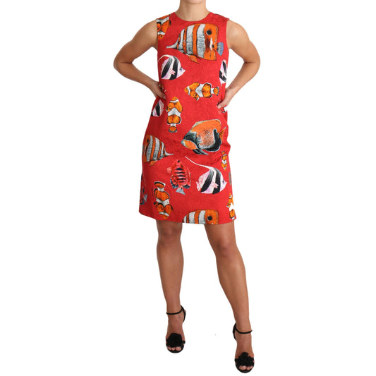 Red Fish Print Sleeveless Mini Shift Dress - coffeewithmee2