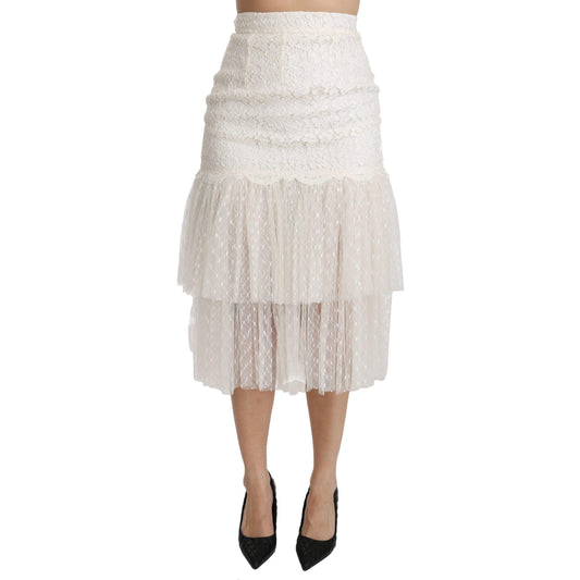White Lace Layered High Waist Midi Cotton  Skirt