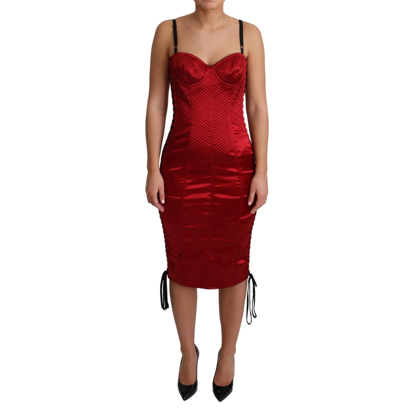 Red Satin Midi Corset Fitted Bustier Dress