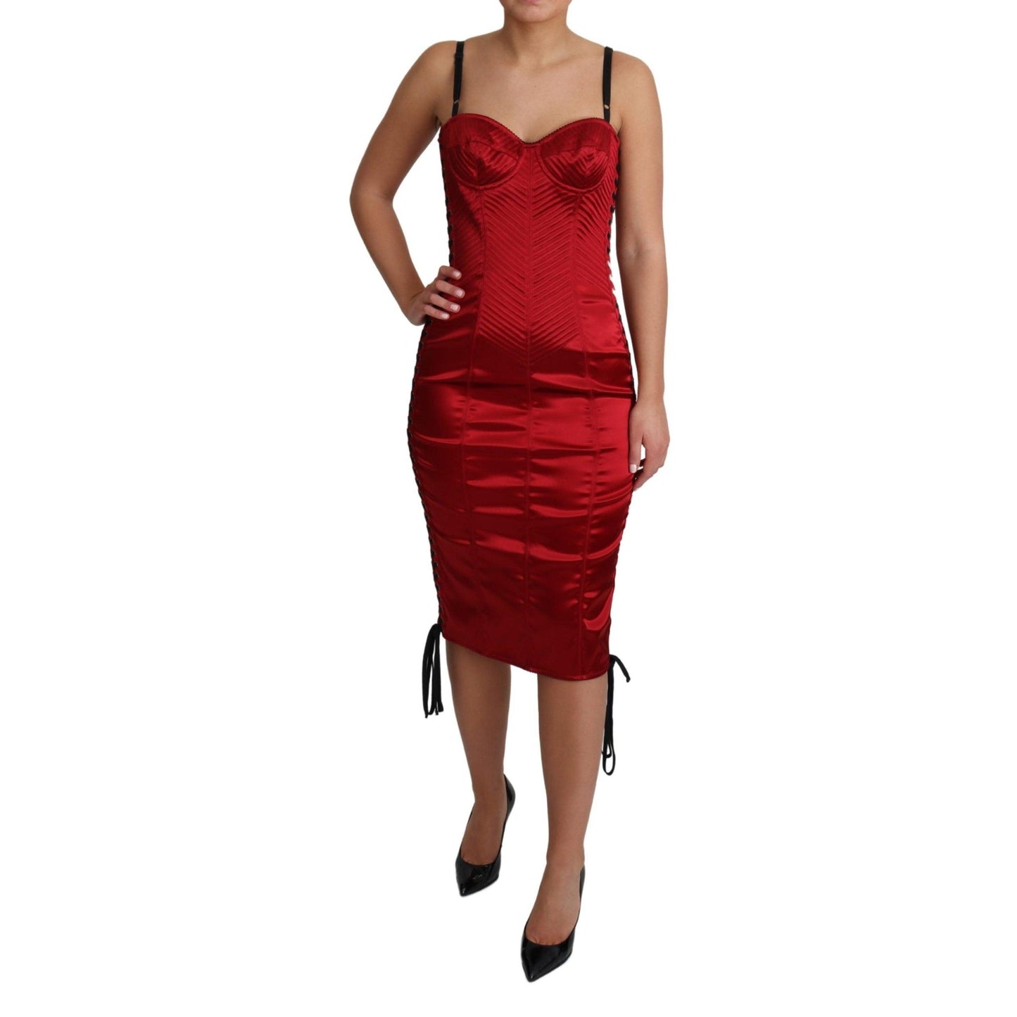 Red Satin Midi Corset Fitted Bustier Dress