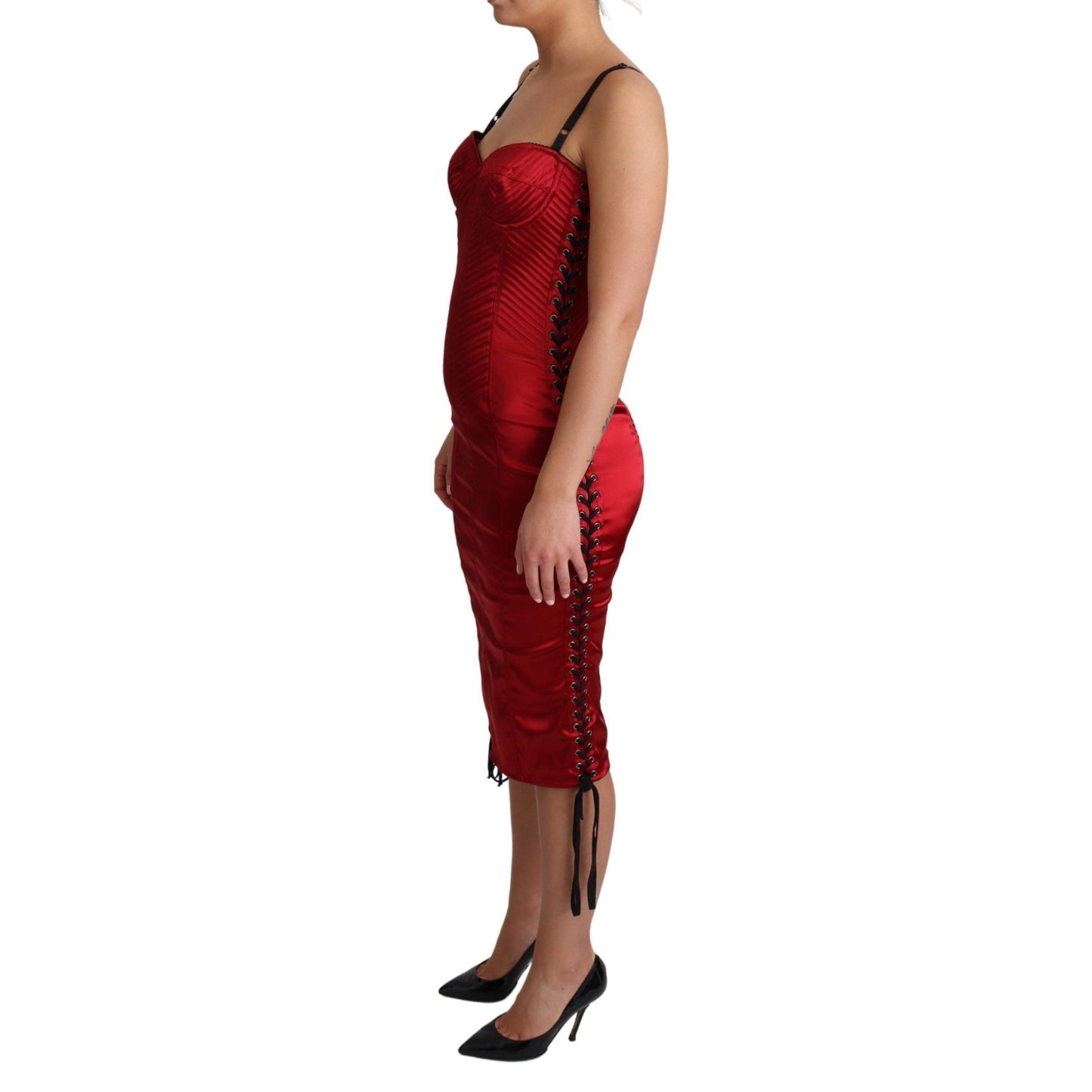 Red Satin Midi Corset Fitted Bustier Dress