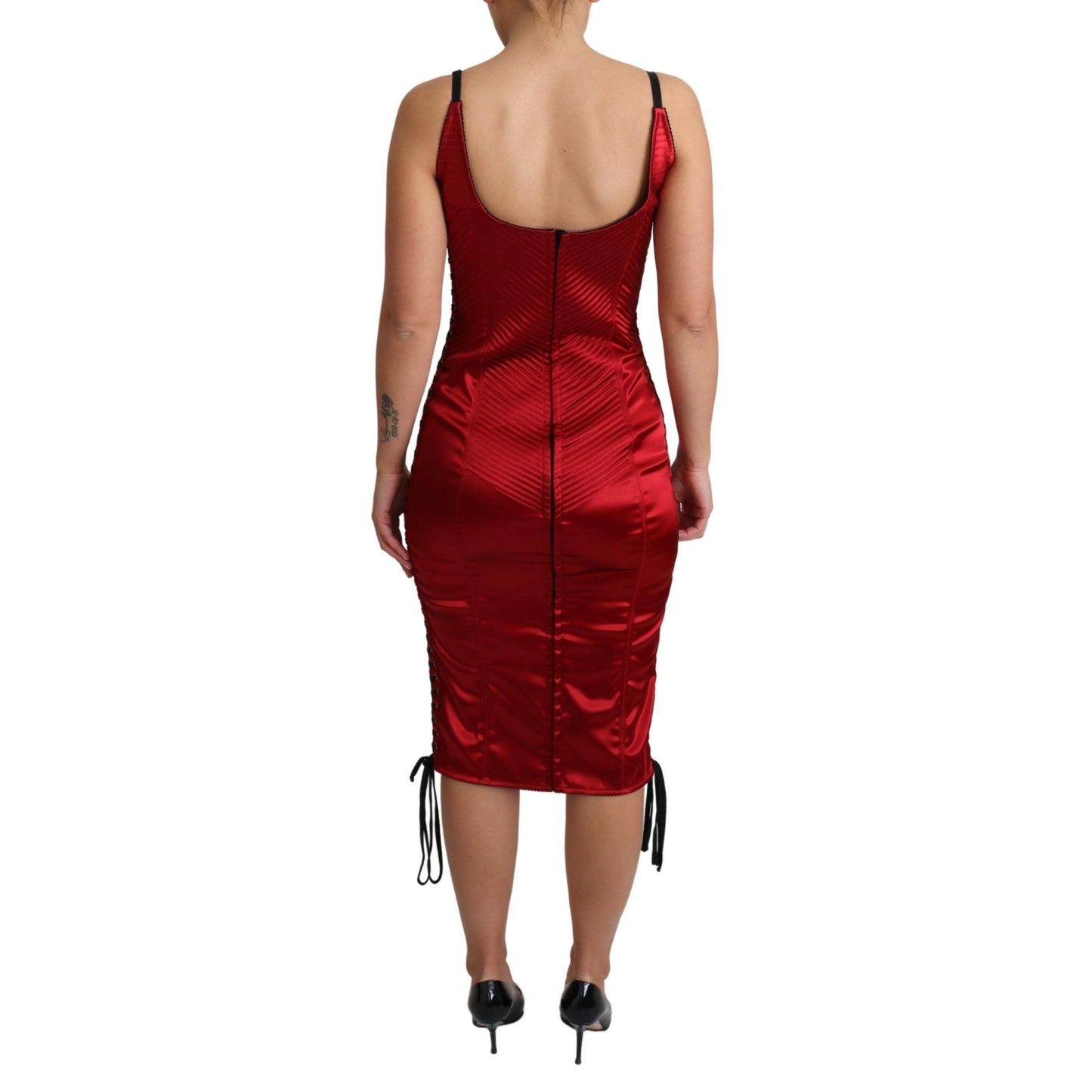 Red Satin Midi Corset Fitted Bustier Dress