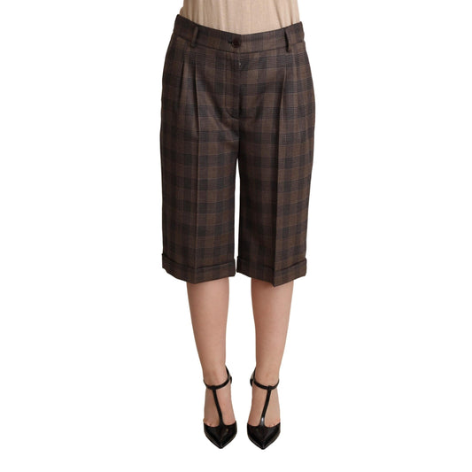 Brown Checkered Wool Bermuda Mid Waist Shorts