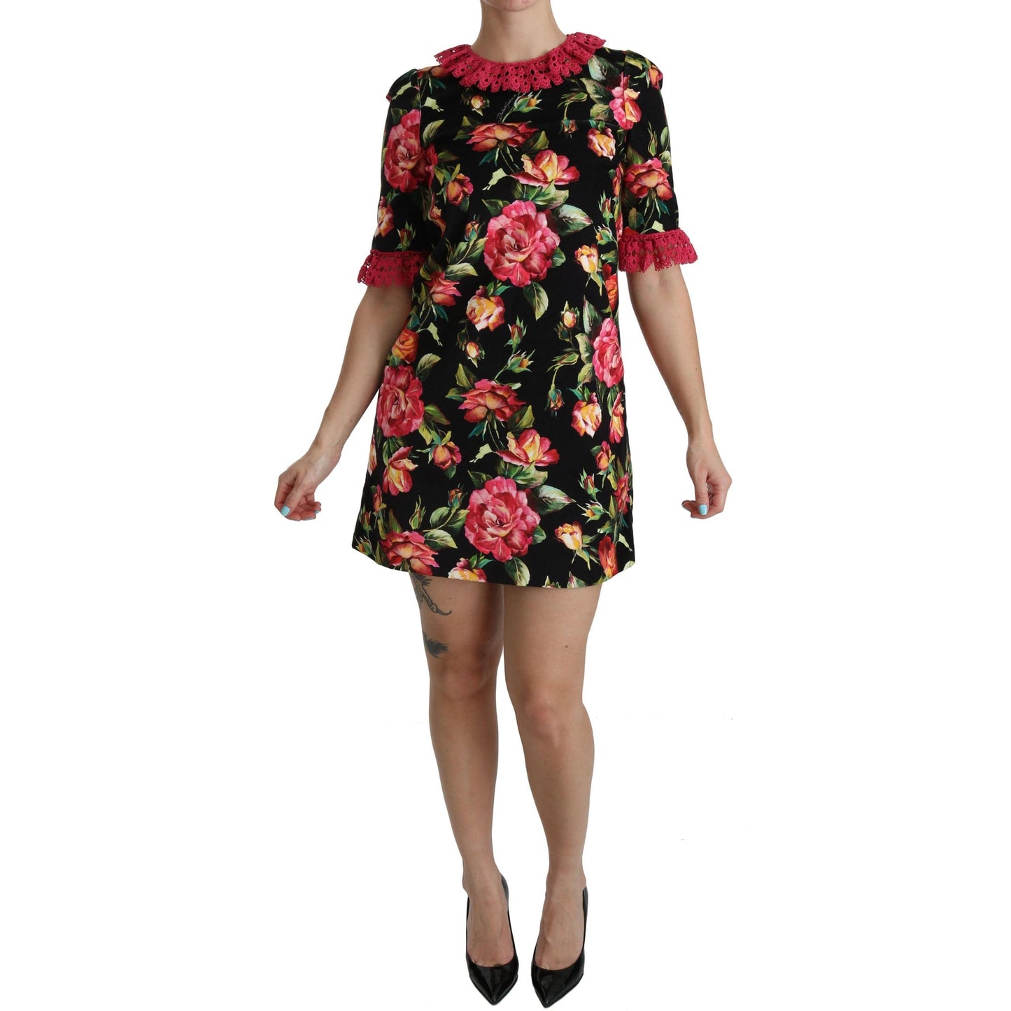 Floral Pink Lace A-Line Shift Mini Dress