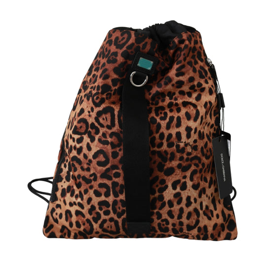 Brown Leopard Drawstring Napsack Nylon Backpack - coffeewithmee2