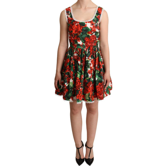 Red Geranium Print Cotton Poplin Mini Dress