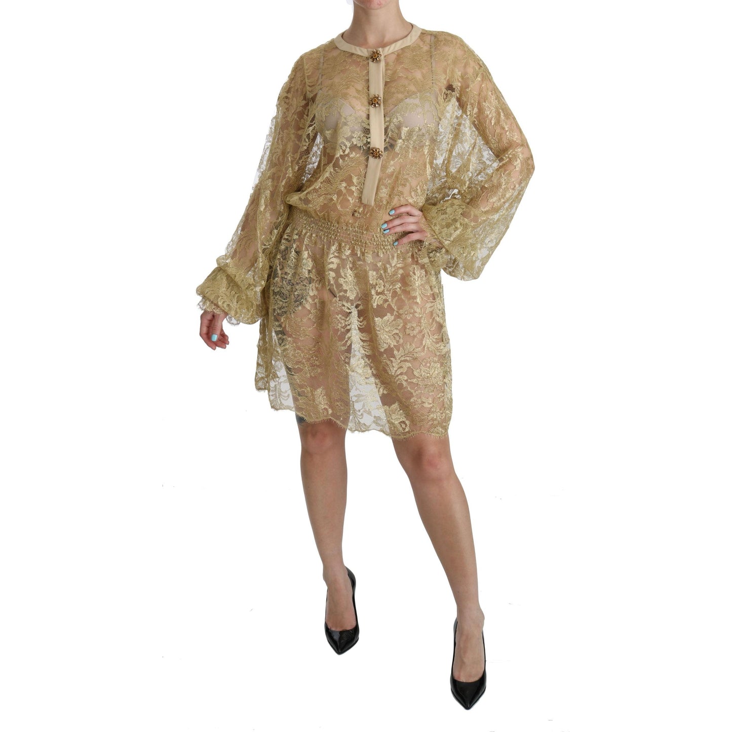 Gold Lace See Through A-Line Knee Length Dress
