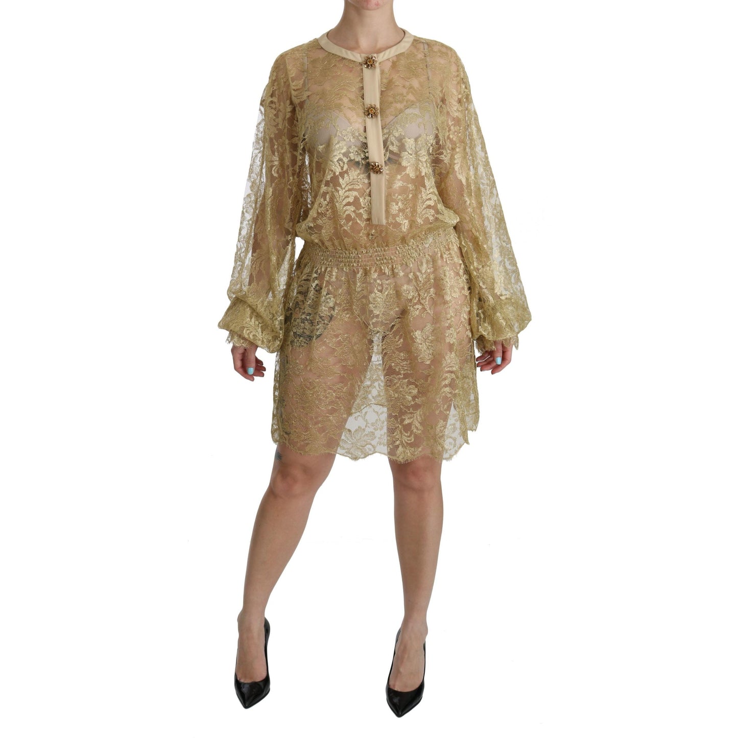 Gold Lace See Through A-Line Knee Length Dress