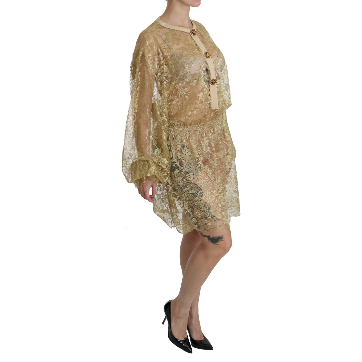 Gold Lace See Through A-Line Knee Length Dress