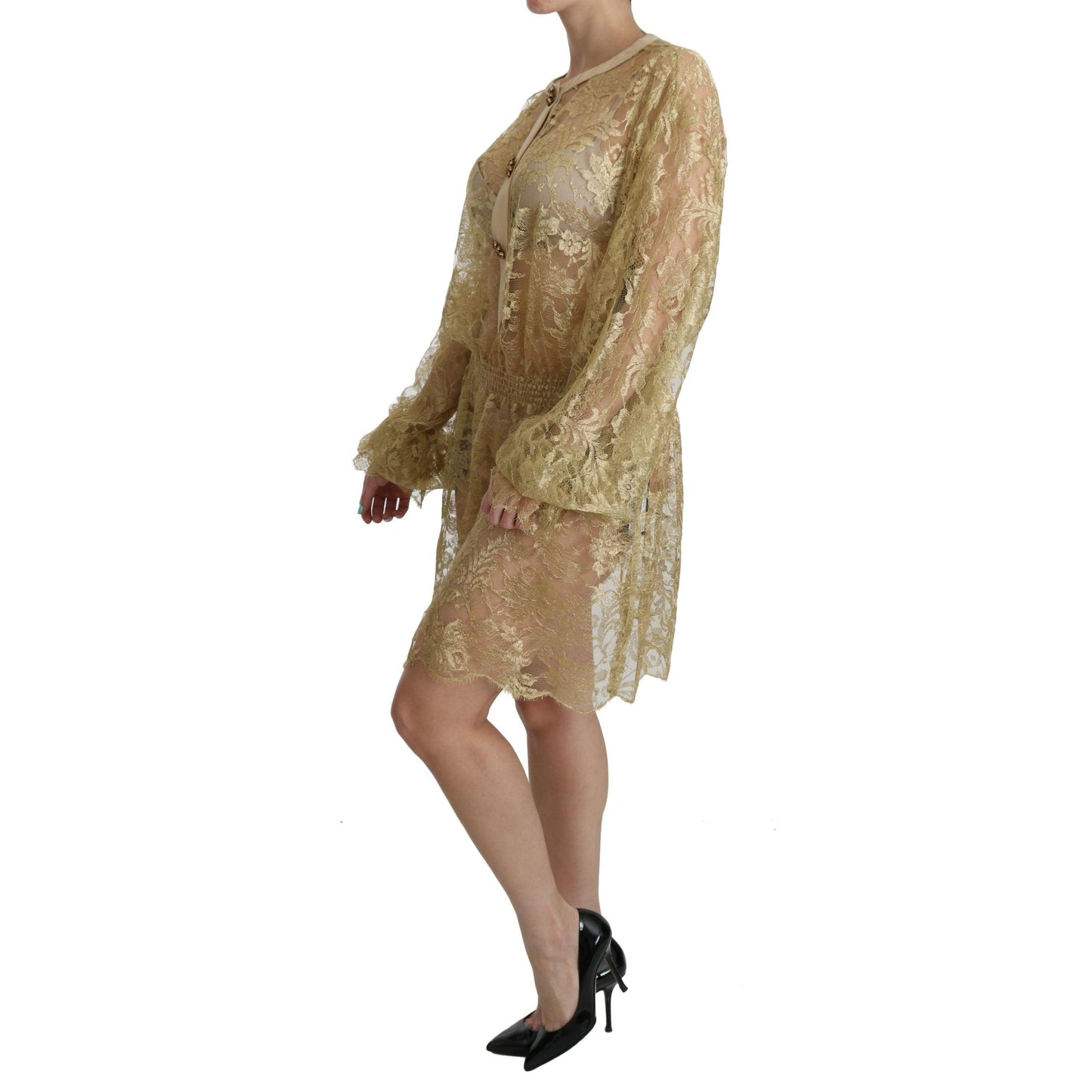 Gold Lace See Through A-Line Knee Length Dress