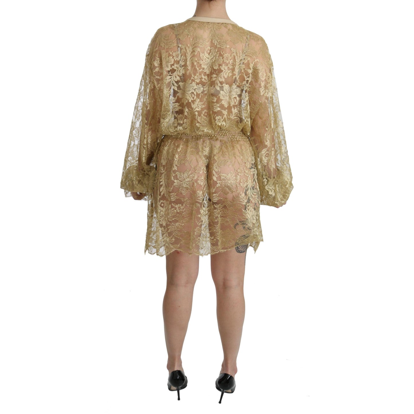 Gold Lace See Through A-Line Knee Length Dress