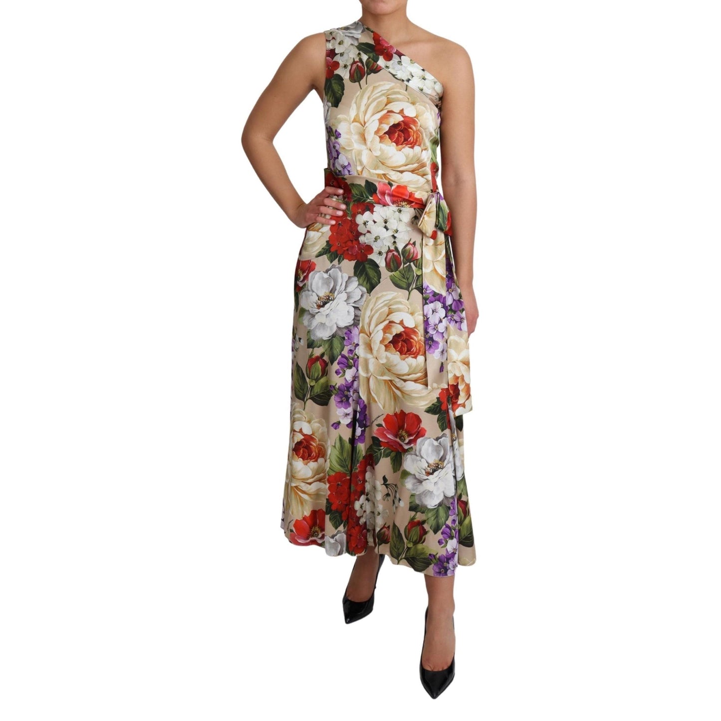 Print Silk Stretch One Shoulder Floral Dress