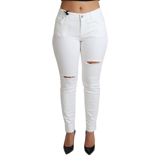 White Tattered Skinny Denim Cotton Stretch Jeans