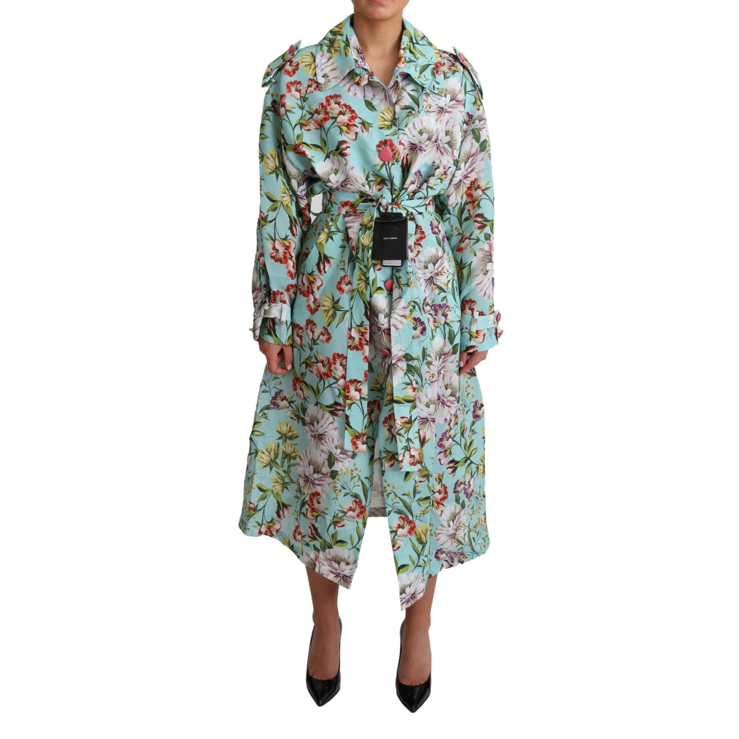 Blue Floral Silk Belted Trench Coat Jacket