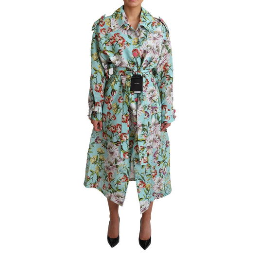 Blue Floral Silk Belted Trench Coat Jacket