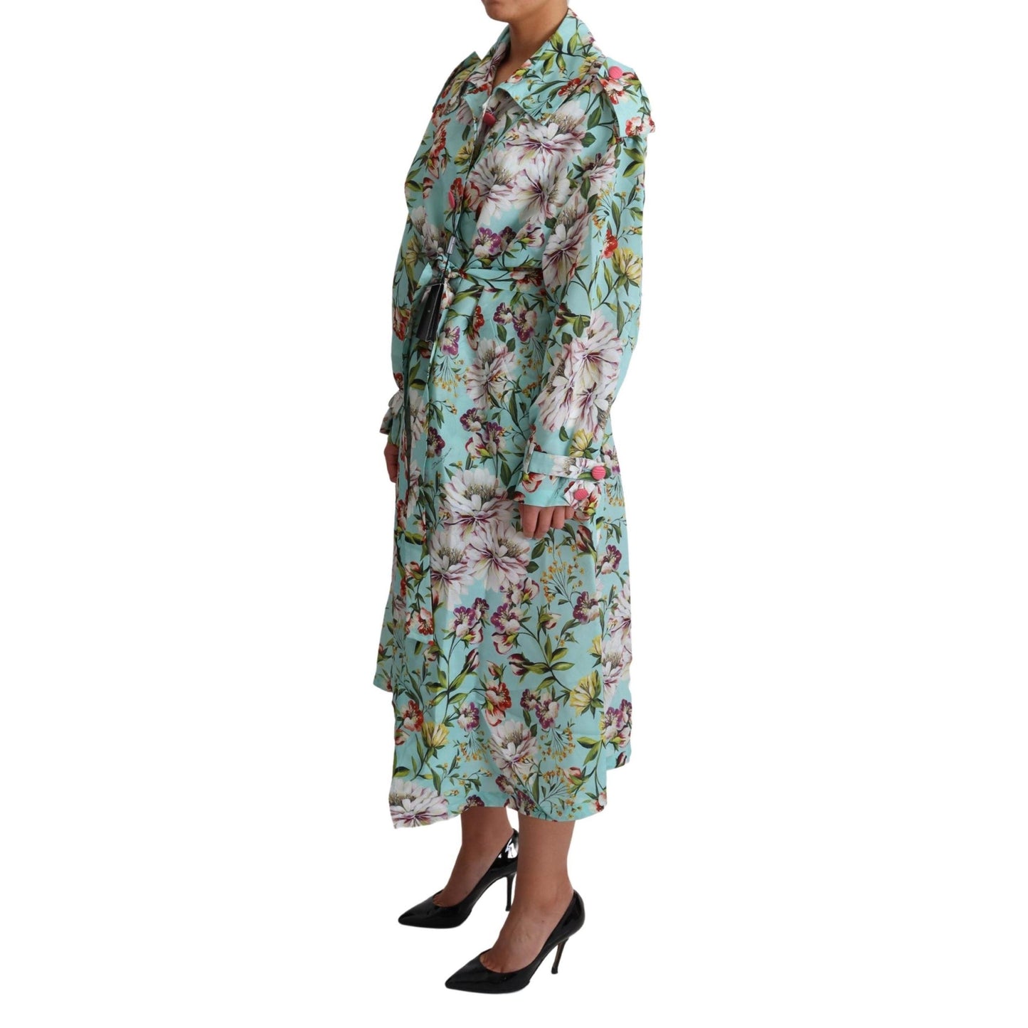 Blue Floral Silk Belted Trench Coat Jacket