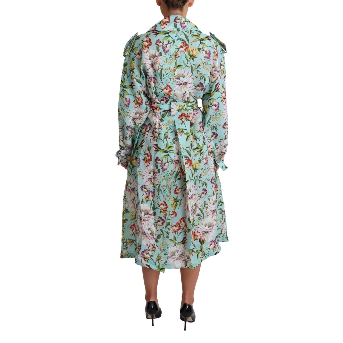 Blue Floral Silk Belted Trench Coat Jacket