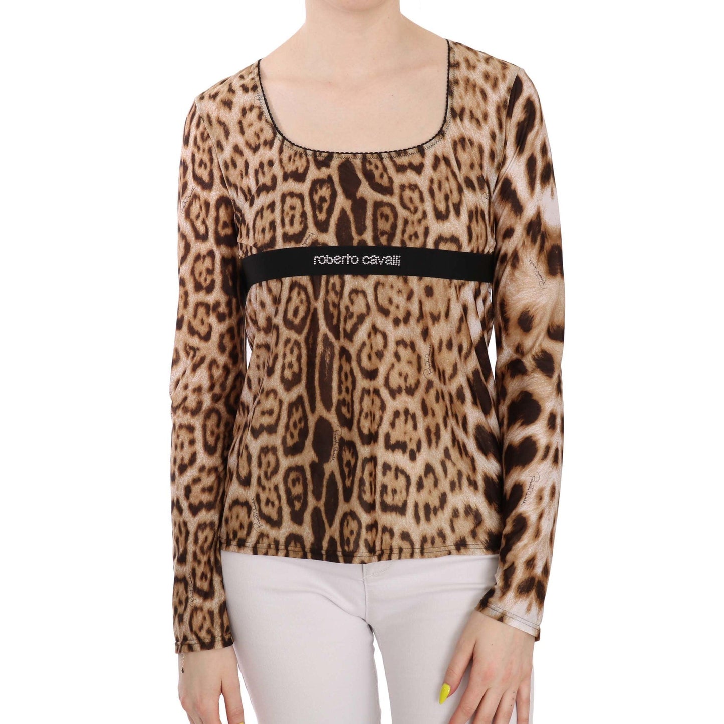 Brown Round Neck Leopard Women Top Blouse