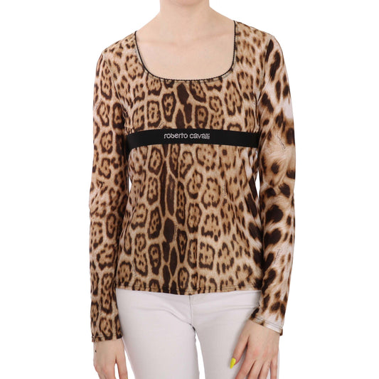 Brown Round Neck Leopard Women Top Blouse