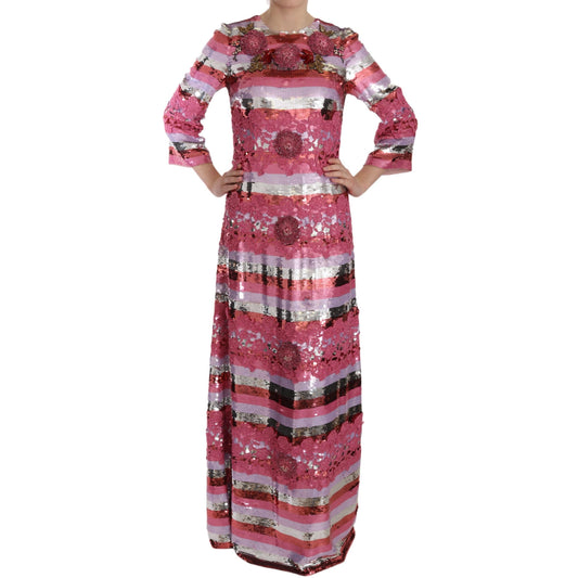 Pink Floral Sequined Crystal Gown Dress