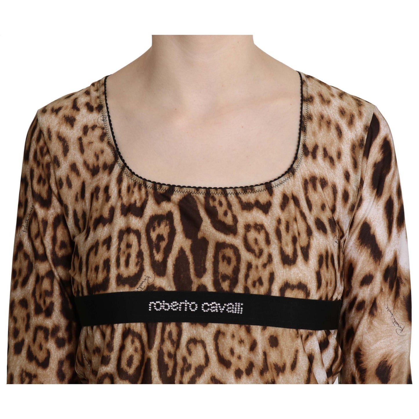 Brown Round Neck Leopard Women Top Blouse