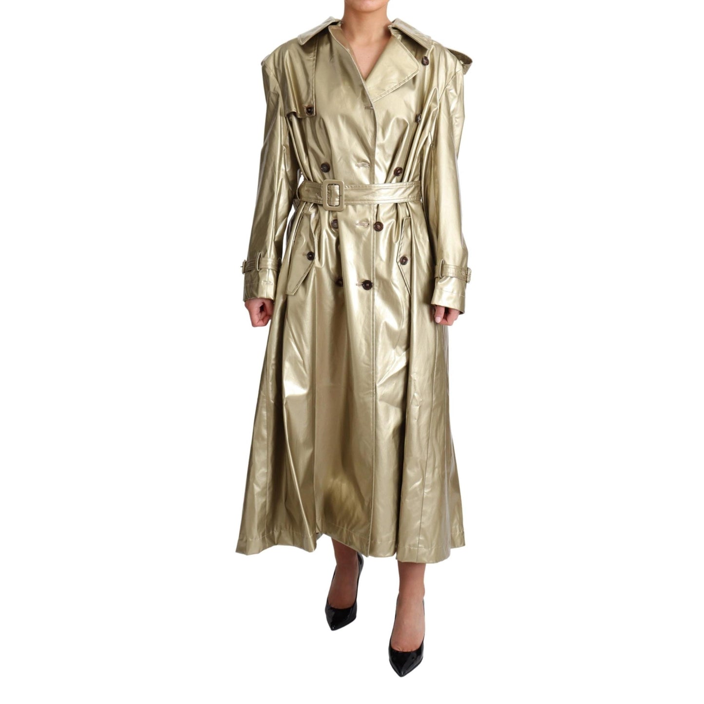 Gold Viscose Stretch Belted Trench Coat Jacket