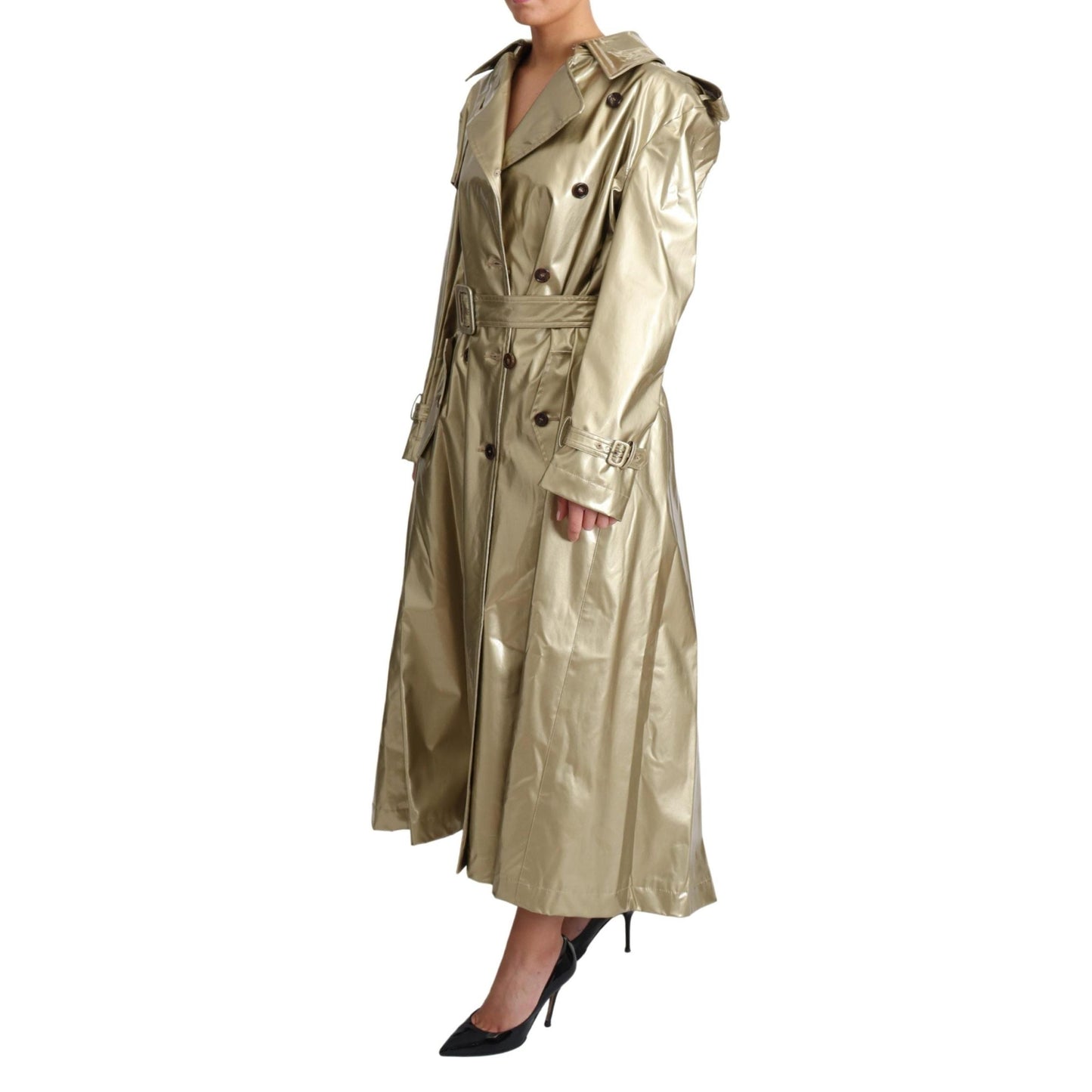 Gold Viscose Stretch Belted Trench Coat Jacket