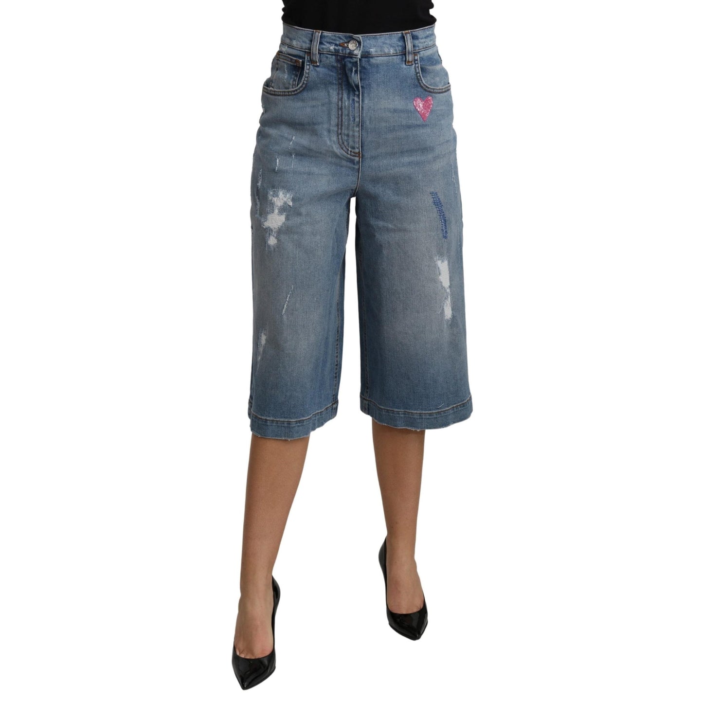 Blue Wide Leg Cropped Mid Waist Cotton Jeans