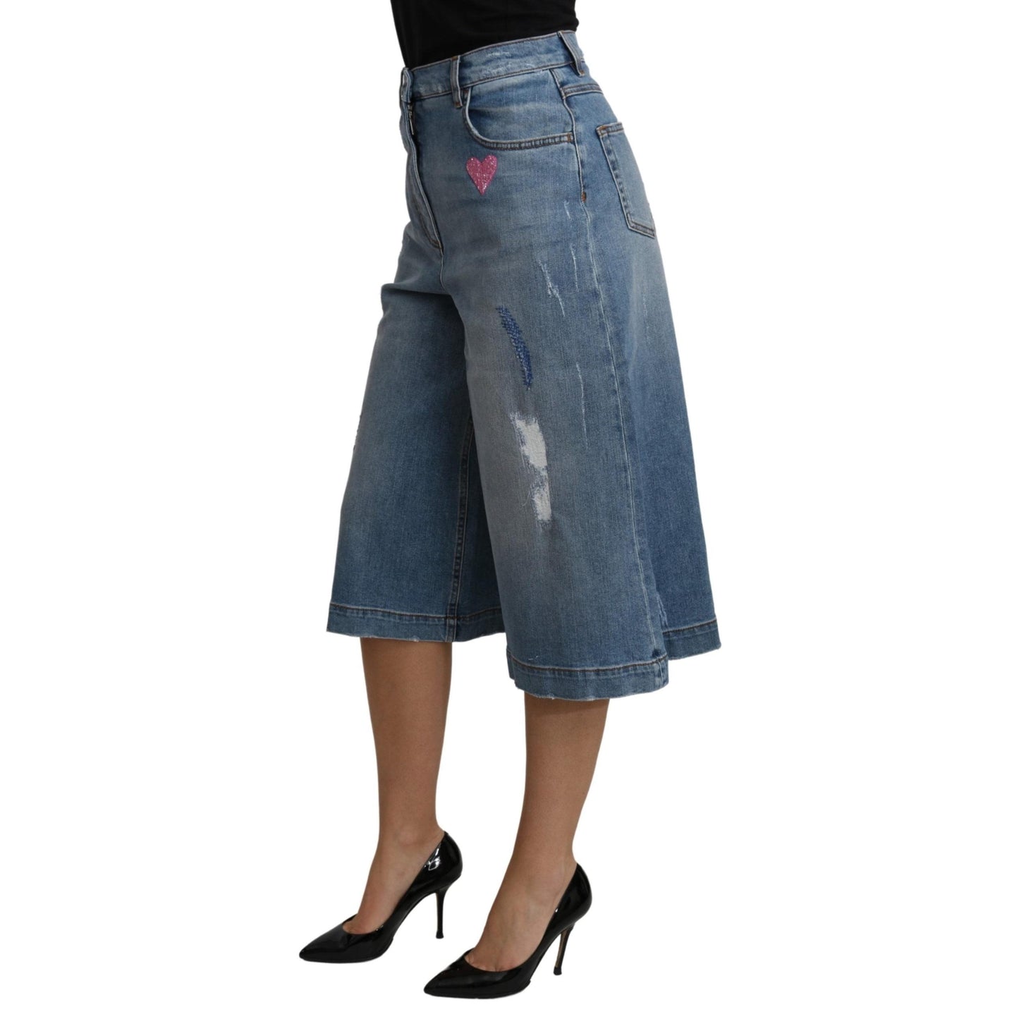 Blue Wide Leg Cropped Mid Waist Cotton Jeans