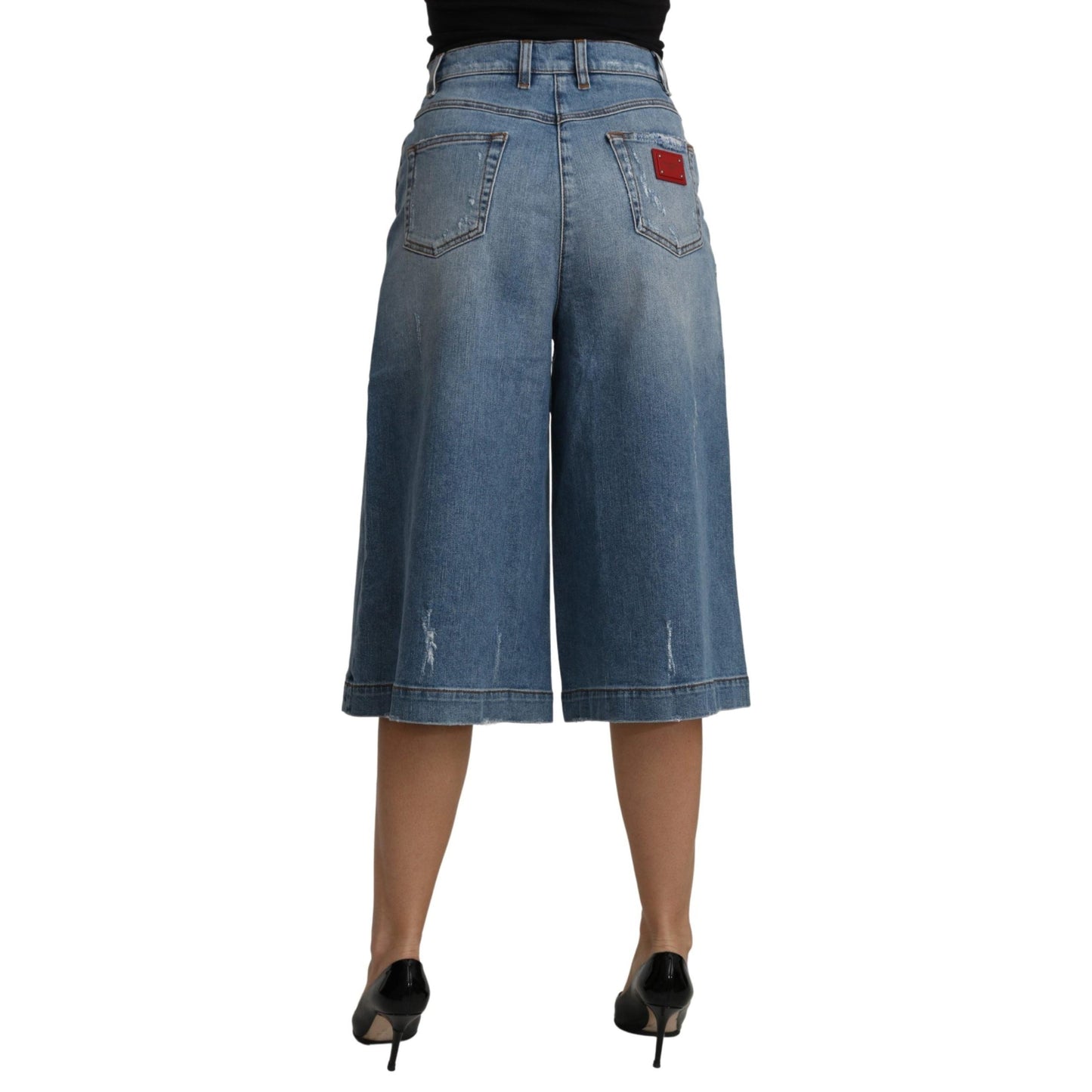 Blue Wide Leg Cropped Mid Waist Cotton Jeans