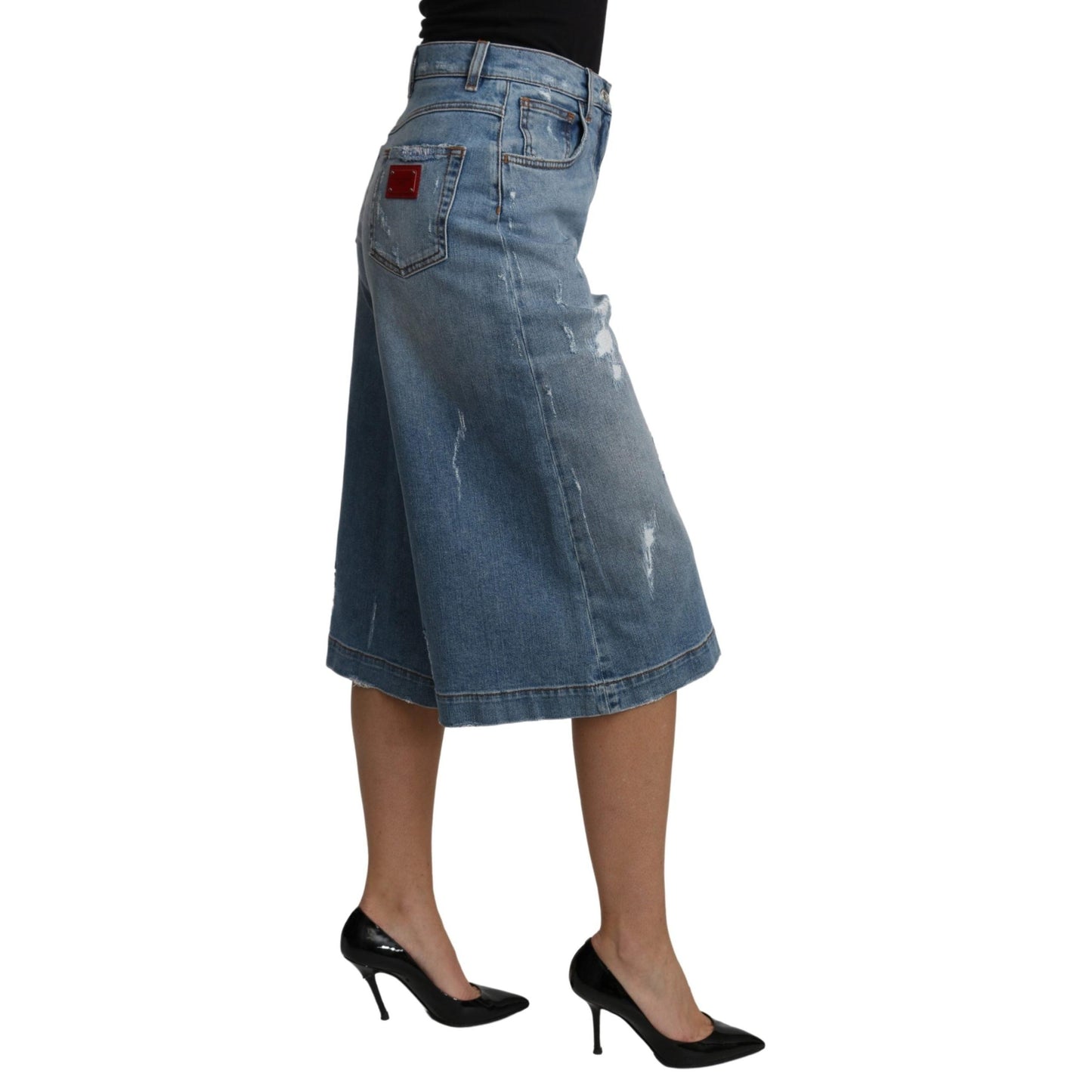 Blue Wide Leg Cropped Mid Waist Cotton Jeans