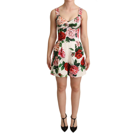 White Rose Print Brocade Jumpsuit Dress