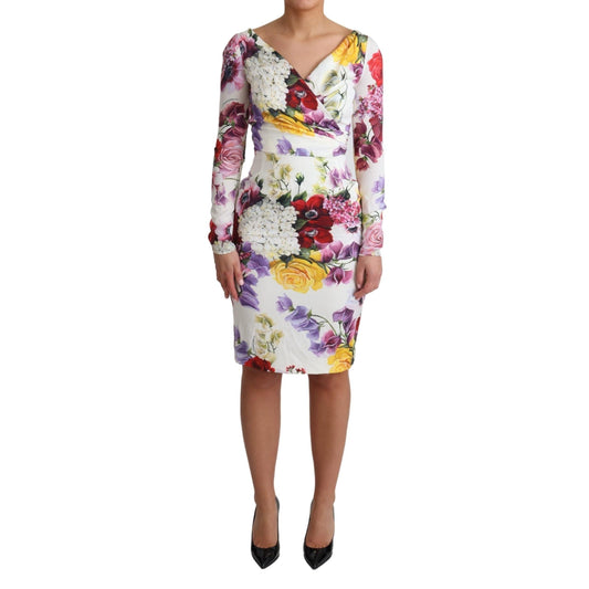 White Floral Print Silk Long Sleeve Dress