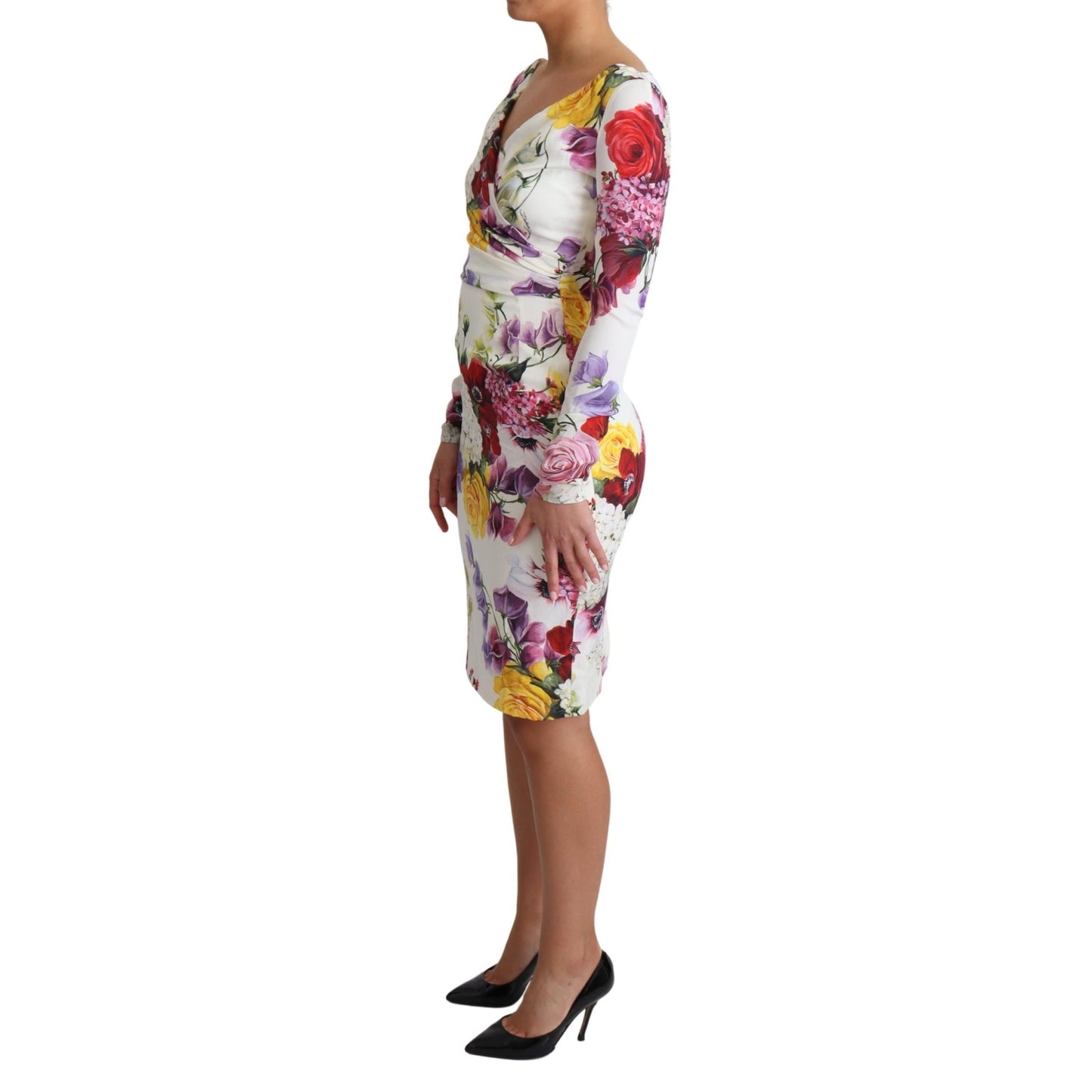 White Floral Print Silk Long Sleeve Dress