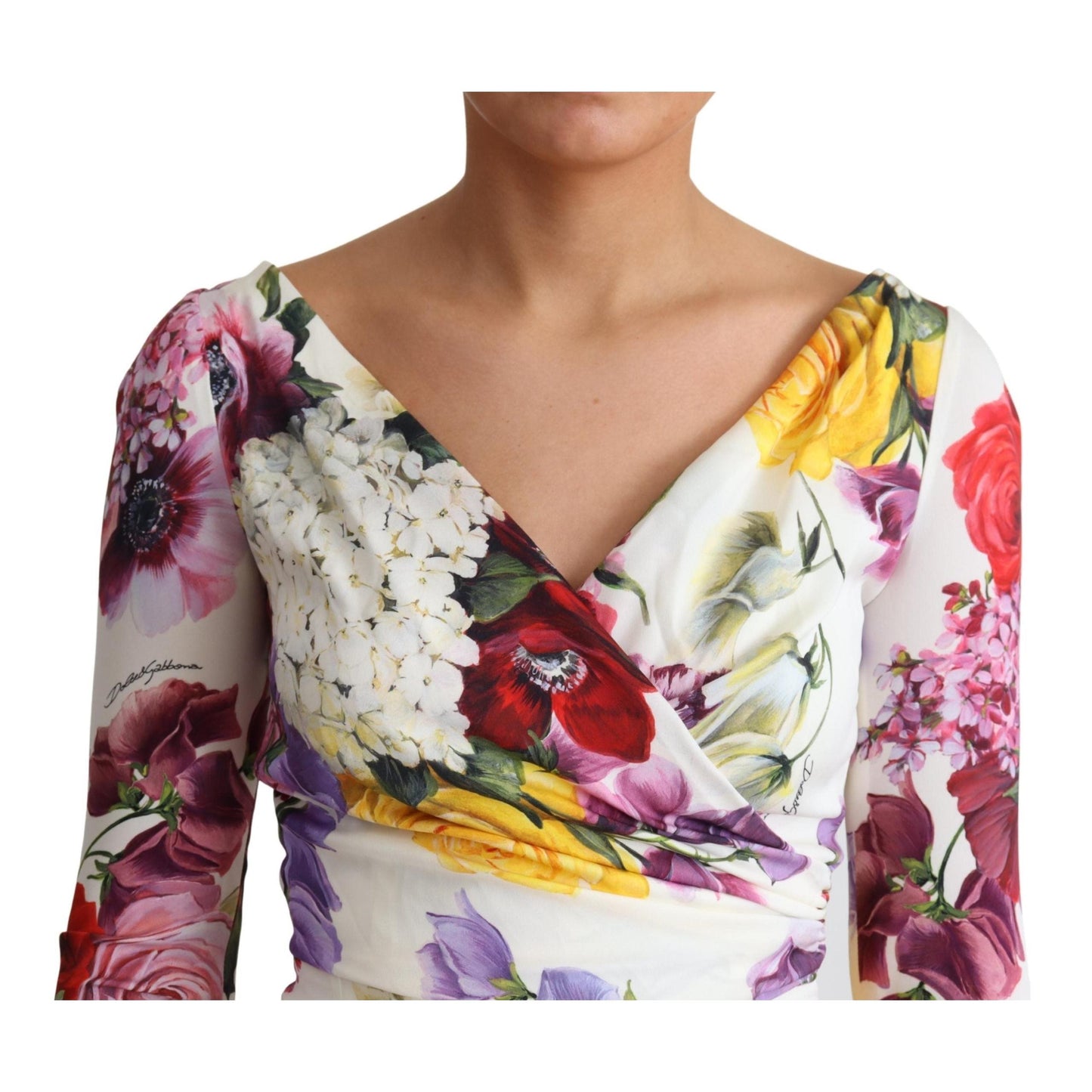 White Floral Print Silk Long Sleeve Dress