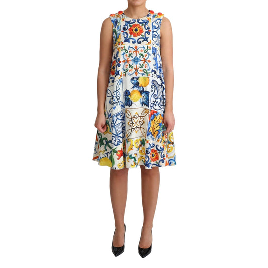 White Majolica Print Shift A-line Silk Dress