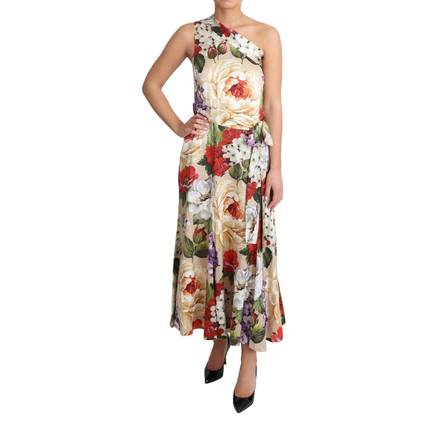 Print Silk Stretch One Shoulder Floral Dress