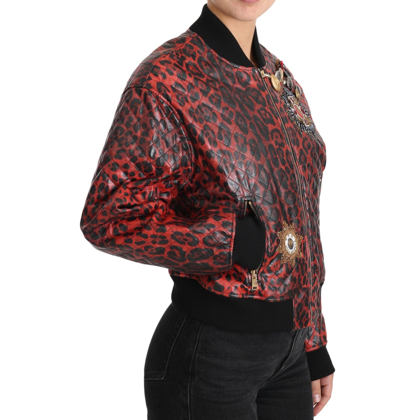Red Leopard Button Crystal Leather Jacket