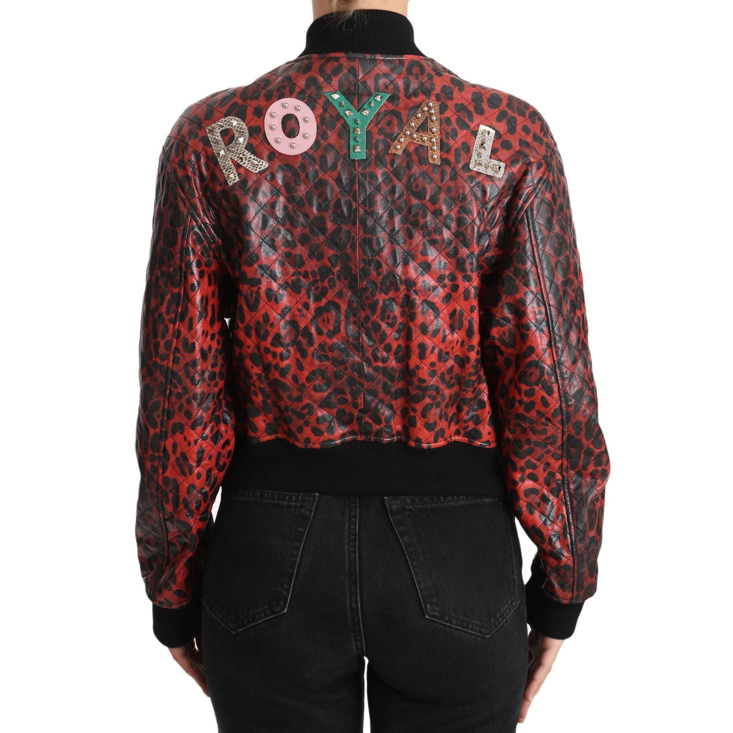 Red Leopard Button Crystal Leather Jacket